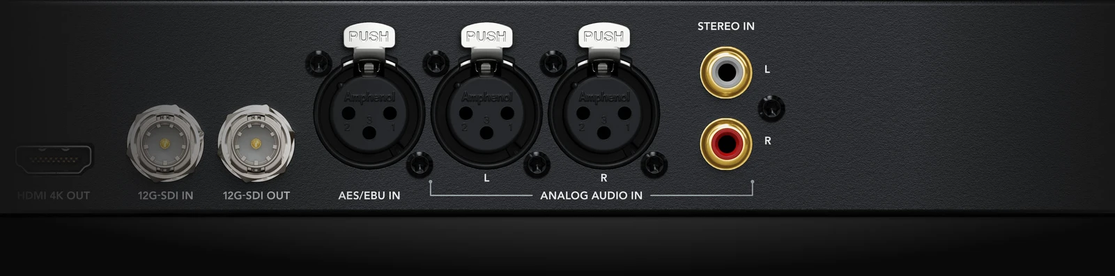 Blackmagic Audio Monitor 12G G3 19 Conexiones traseras XLR analógicas, AES/EBU digital, RCA HiFi, 12G-SDI e IP 10G