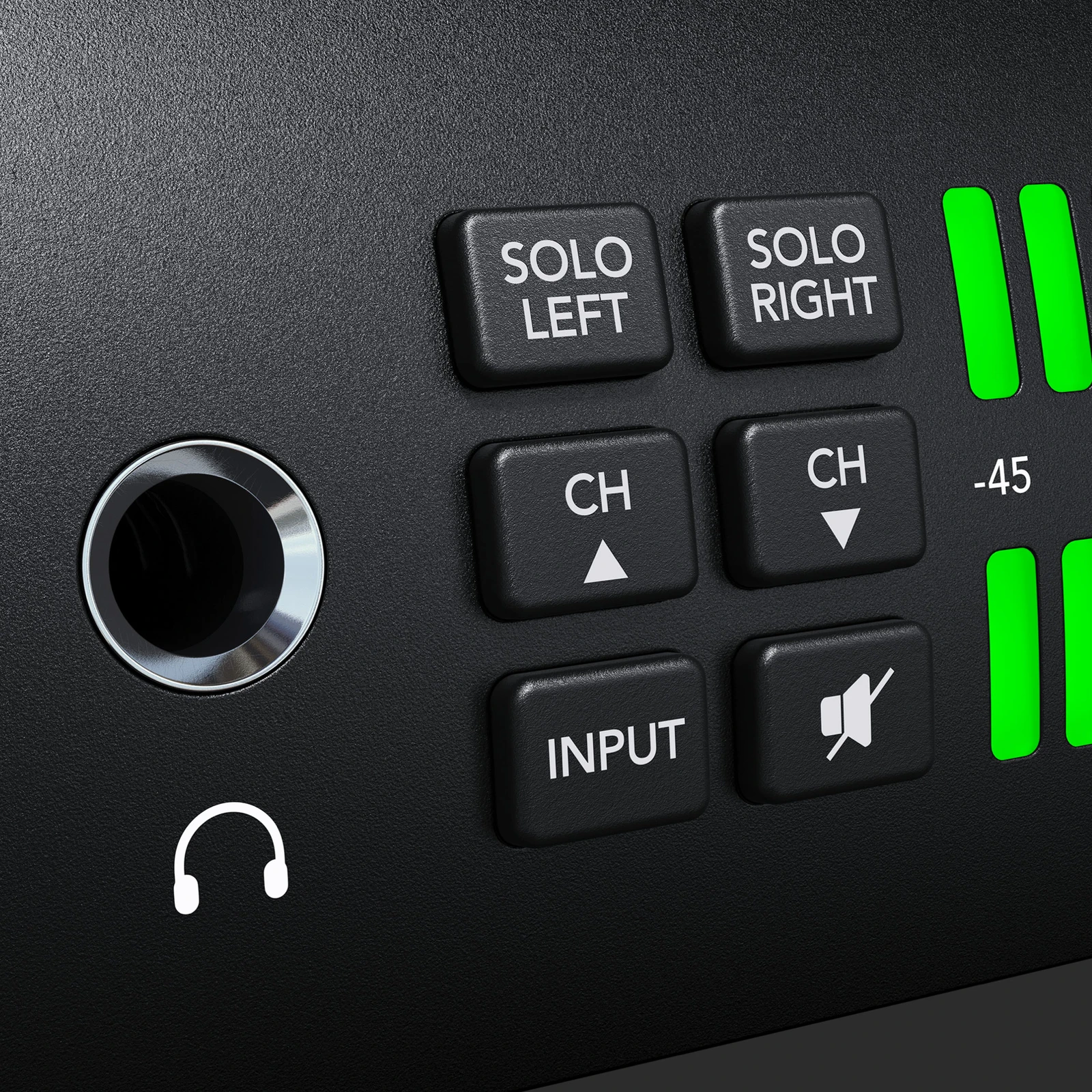 Blackmagic Audio Monitor 12G G3 14 Controles frontales retroiluminados y pantalla LCD del Blackmagic Audio Monitor 12G G3
