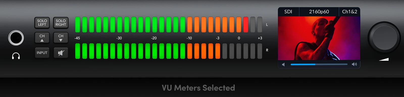 Blackmagic Audio Monitor 12G G3 13 Vúmetros RGB de 54 segmentos con balística VU, PPM y LUFS