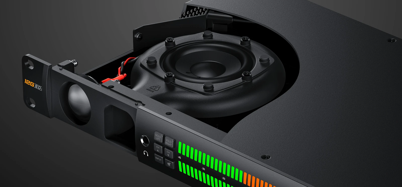 Blackmagic Audio Monitor 12G G3 12 Arquitectura acústica interna con doble subwoofer y filtro de dos vías