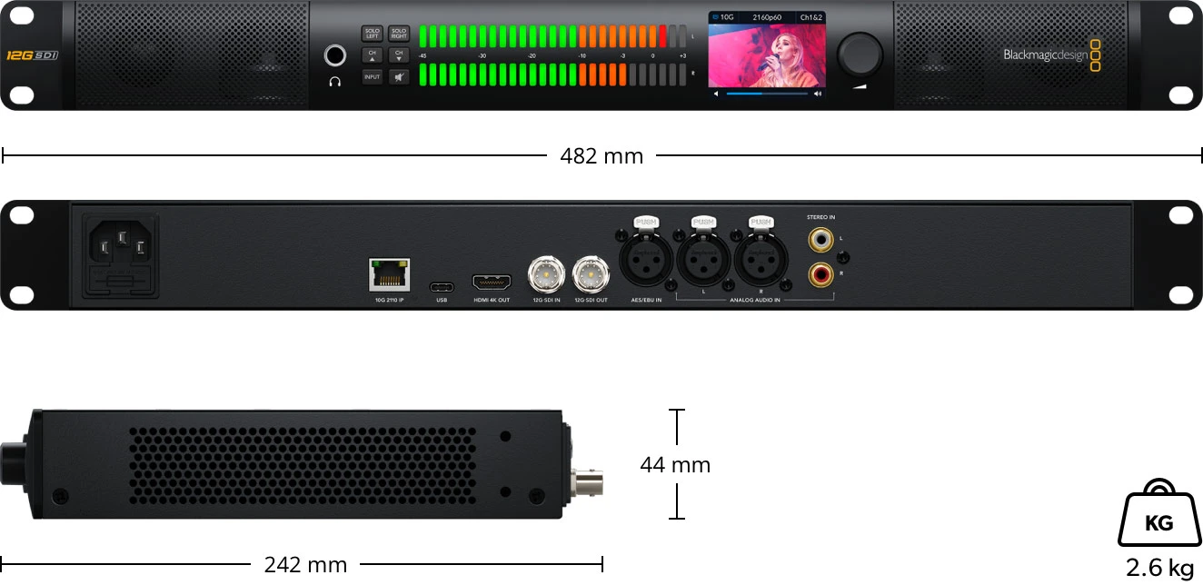 Blackmagic Audio Monitor 12G G3 24 Plano técnico de dimensiones del Blackmagic Audio Monitor 12G G3