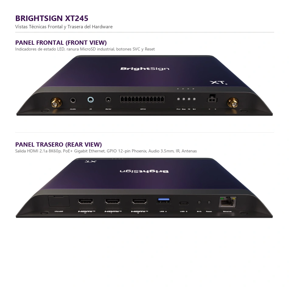 BrightSign XT245 13 Vistas técnicas frontal y trasera de BrightSign XT245