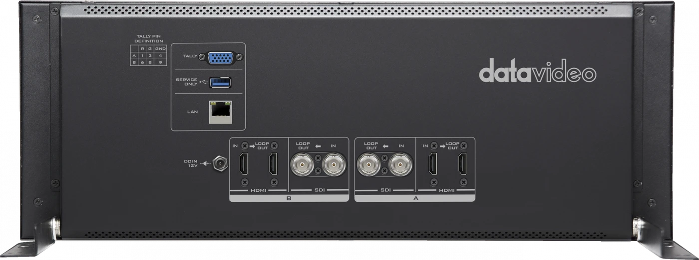 Datavideo TLM-102K - Monitor Doble 10.1" 4K en Rack 4U 11 Datavideo TLM-102K Panel Posterior y Conectores