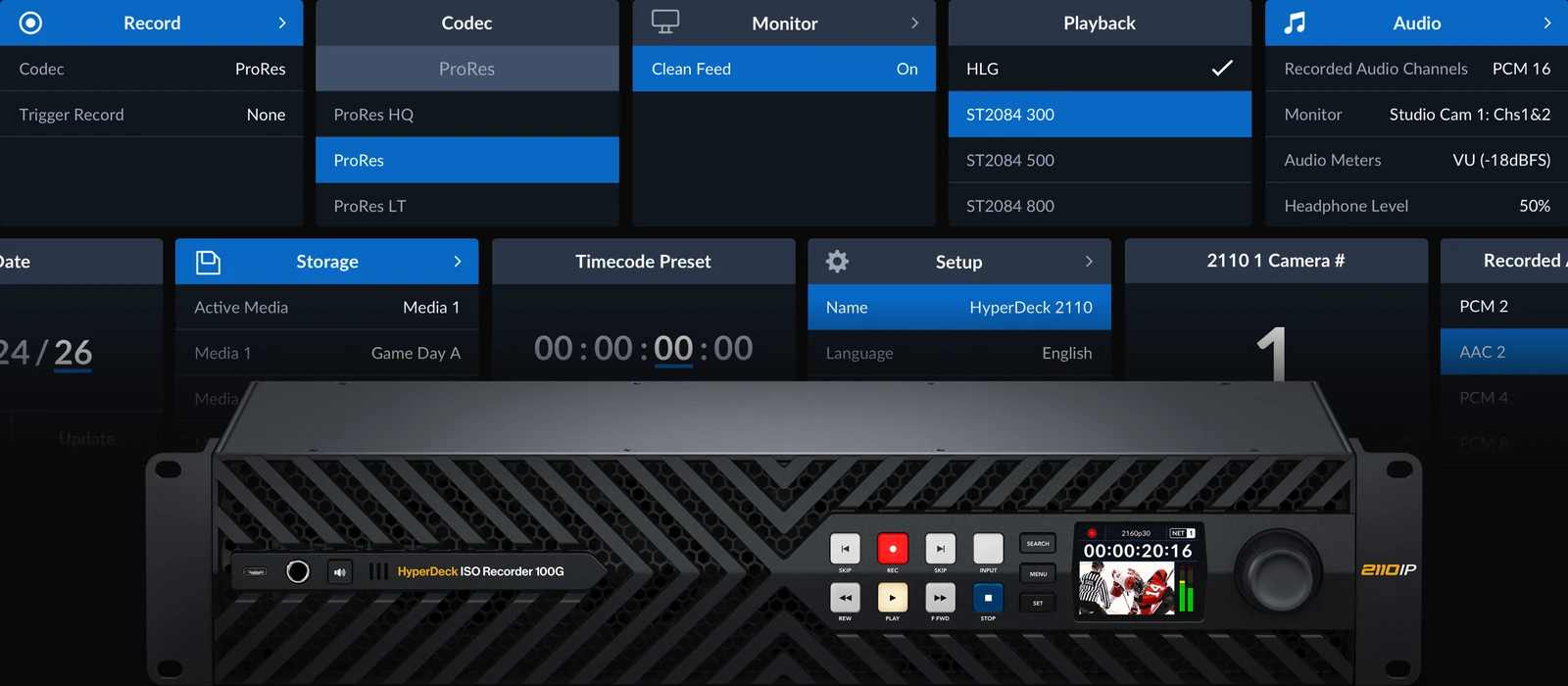 HyperDeck ISO Recorder 100G 20 Sistema operativo Blackmagic OS y salidas de monitorización técnica