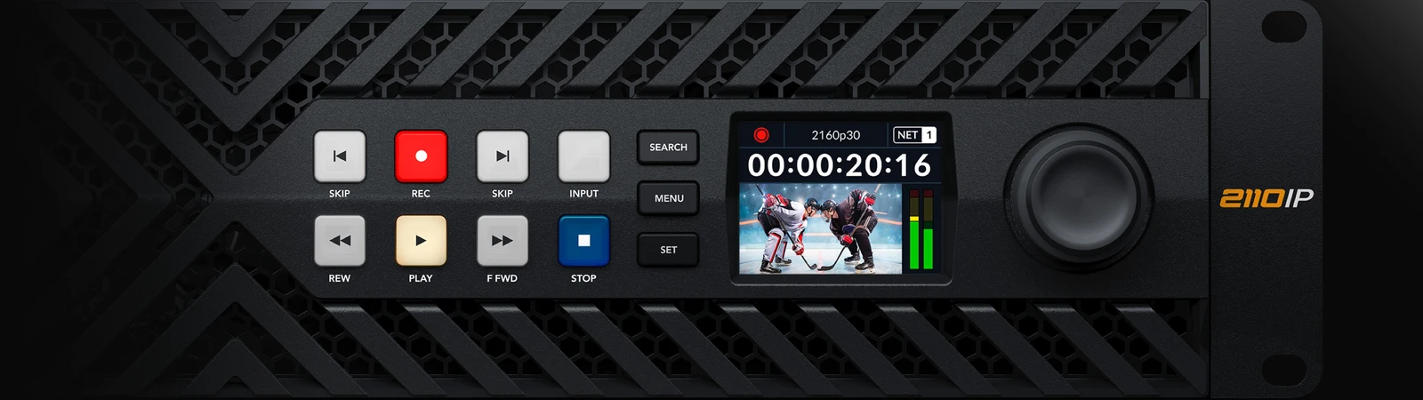 HyperDeck ISO Recorder 100G 19 Panel frontal con 8 controles de grabación independientes y pantalla LCD