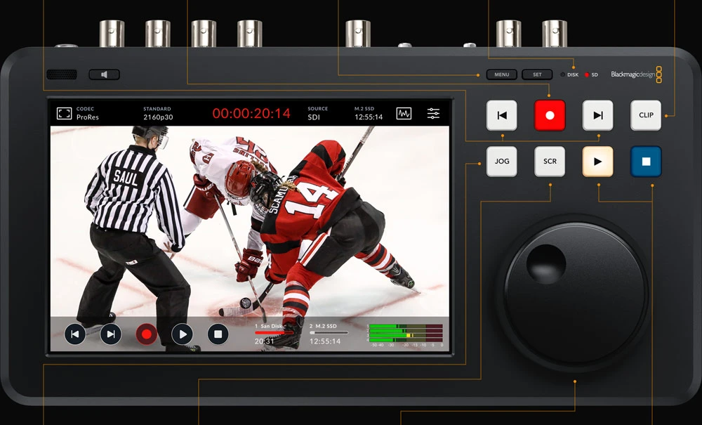 HyperDeck Shuttle 4K Pro 2TB 16 Diagrama de botones de transporte, modos Jog/Shuttle/Scroll y pantalla táctil