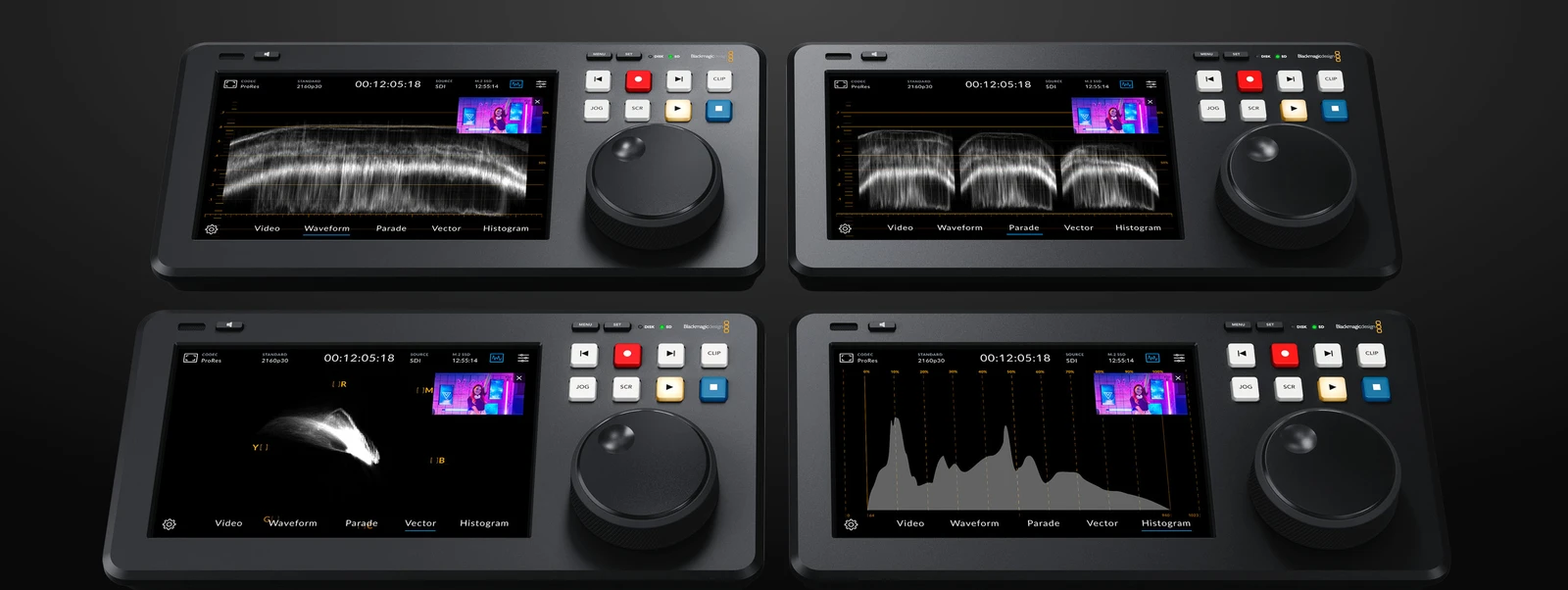 HyperDeck Shuttle 4K Pro 2TB 18 Instrumentos de análisis de imagen de 10 bits: forma de onda, desfile RGB, vectorscopio e histograma