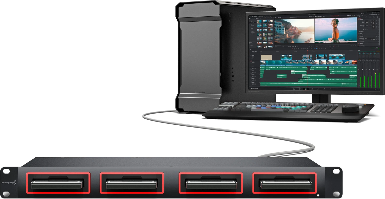 Blackmagic MultiDock 10G 16 Configuración de almacenamiento RAID rápido con 4 discos SSD en Blackmagic MultiDock 10G