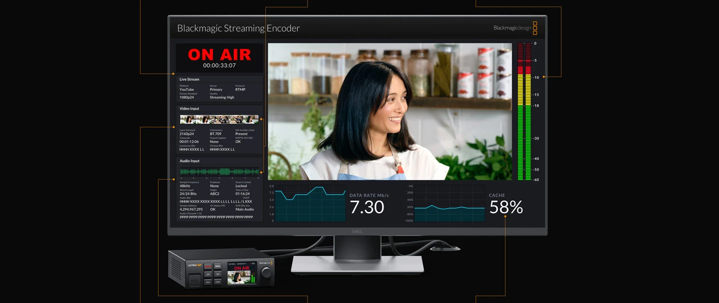 Blackmagic Streaming Decoder 4K 20 Interfaz de supervisión técnica en tiempo real con vúmetros y gráficas de caché